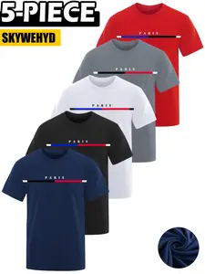 Men's Summer Paris Style Casual Sportswear Print T-Shirt, Breathable Quick-Dry Round Neck Shirt, Running & Gym Training Short Sleeve Top, Versatile Wear