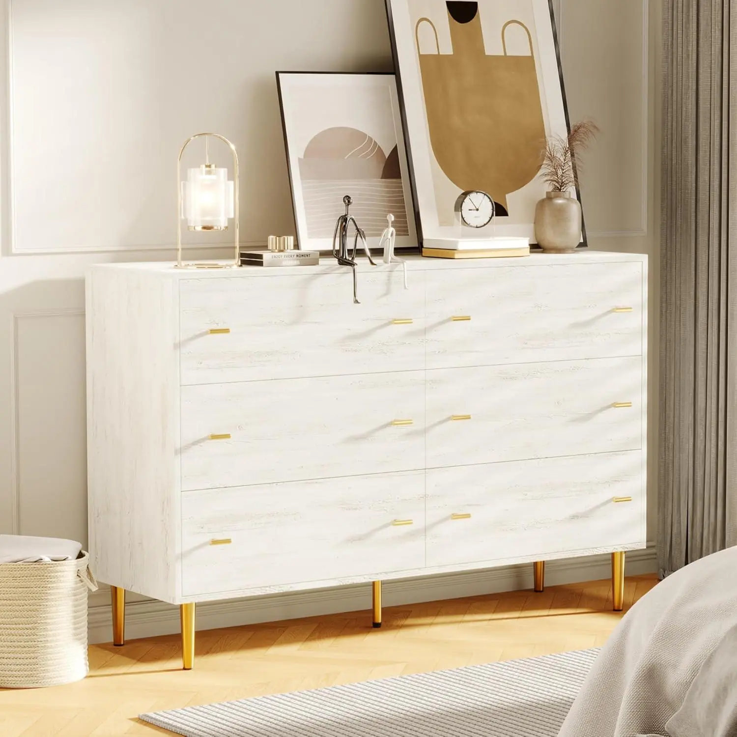 White 6 Drawers Dresser for Bedroom  47.2-Wide Wood Rustic Chest of Drawers with Bar Handles Storage Dressers Organizer for Bedroom/Living Room/Hallway -White