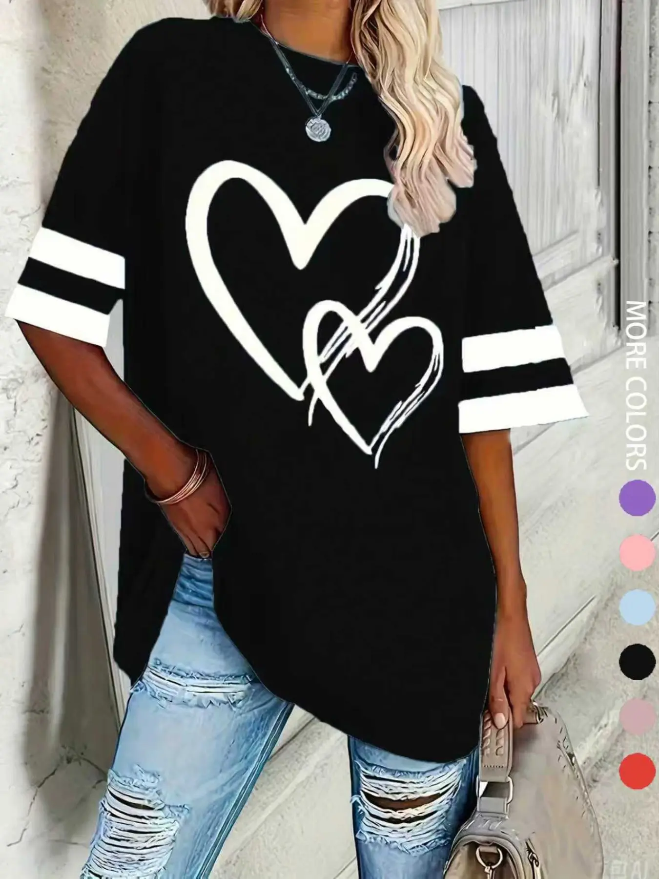 Women's Casual Streetwear Round Neck Half Sleeve Geometric Heart T-Shirt, Comfortable Loose Fit Top, Fashion Versatile Daily Wear, All Seasons