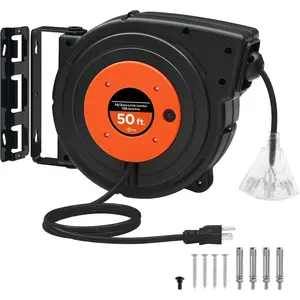 Retractable Extension Cord Reel, 50 FT Heavy Duty Power Cord, 14AWG/3C SJTOW, 3 Grounded Outlets Lighted Triple Tap, 13 Amp Circuit Breaker, UL Listed, Orange B50CR06