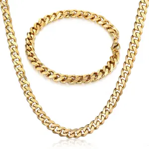 Hermah 3/5/7mm Jewelry Set Gold Plated Stainless Steel Curb Chain Necklace Bracelet 8-24" For Men Women