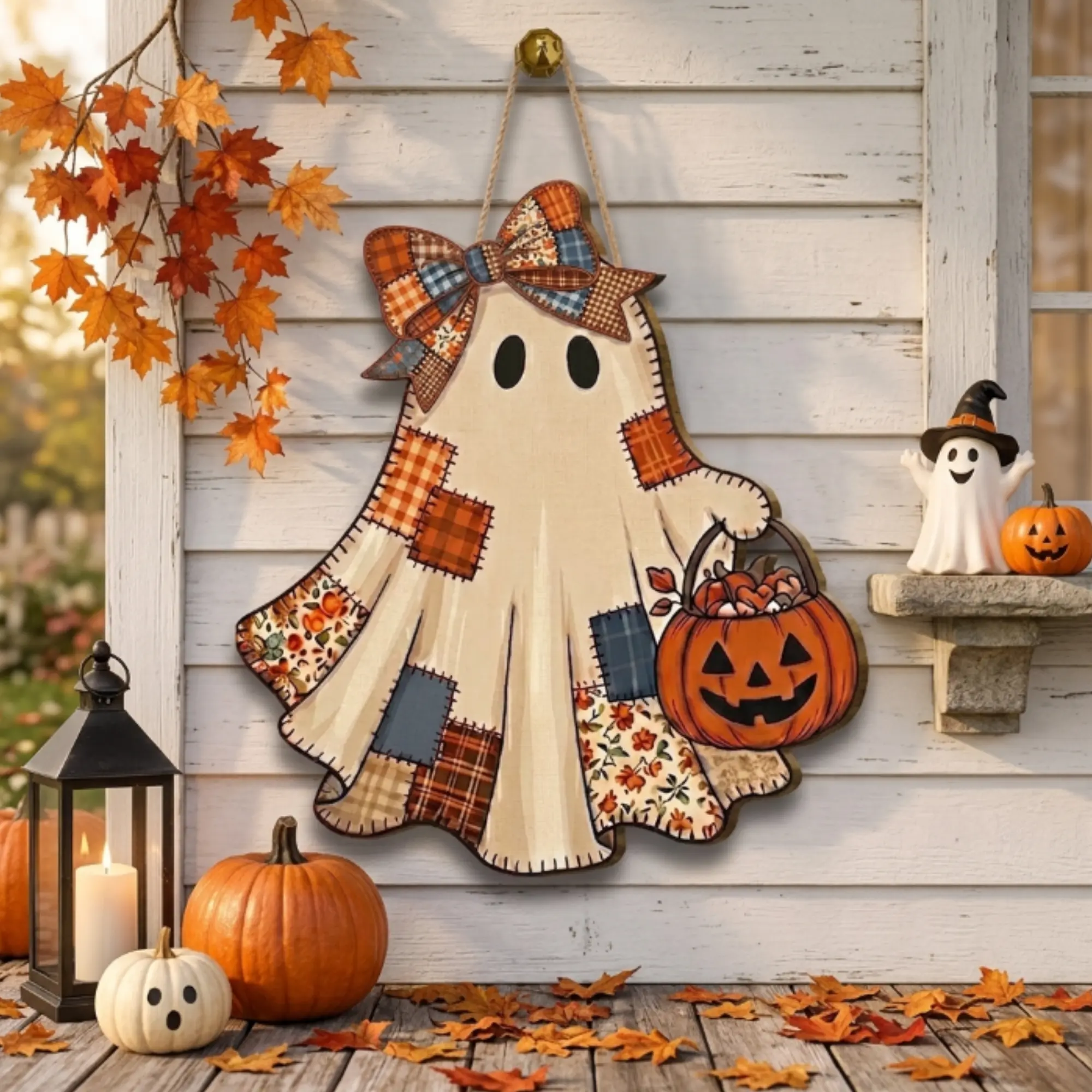 Vintage Halloween Door Decor, Wooden Ghost Hanging Sign, Fall Front Door Porch Wall Decoration, Seasonal Gift