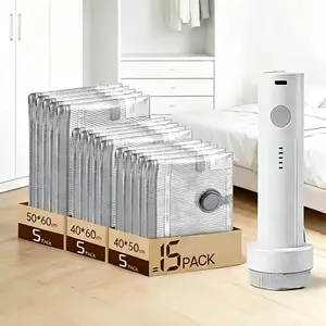 【2026 Upgraded】 X7 Cordless Travel Vacuum Storage Compression Bag Set with Rechargeable air Pump 9/15 Pack Waterproof & Reusable Compression Packing Bags for 2 Size, 140L/Min Powerful Air Removal, Perfect for Carry-On Suitcases,, Vacuum Packed, Foldable V