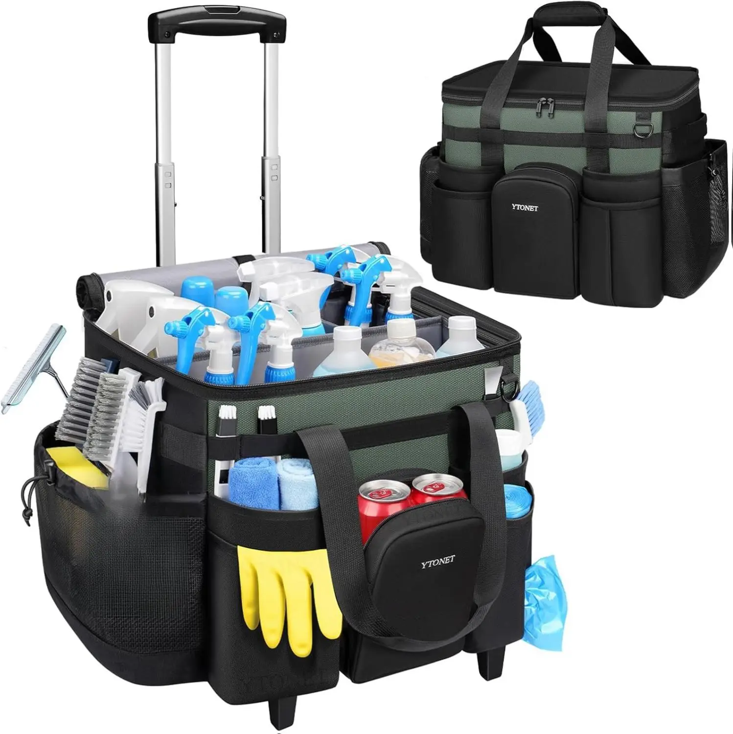 Ytonet 42L Extra Large Rolling Cleaning Caddy with Detachable Trolley, Water Resistant & Insulated Compartment, 14 Pockets for Housekeeping & Tool Storage, High-Strength Fabric, Silent Wheels
