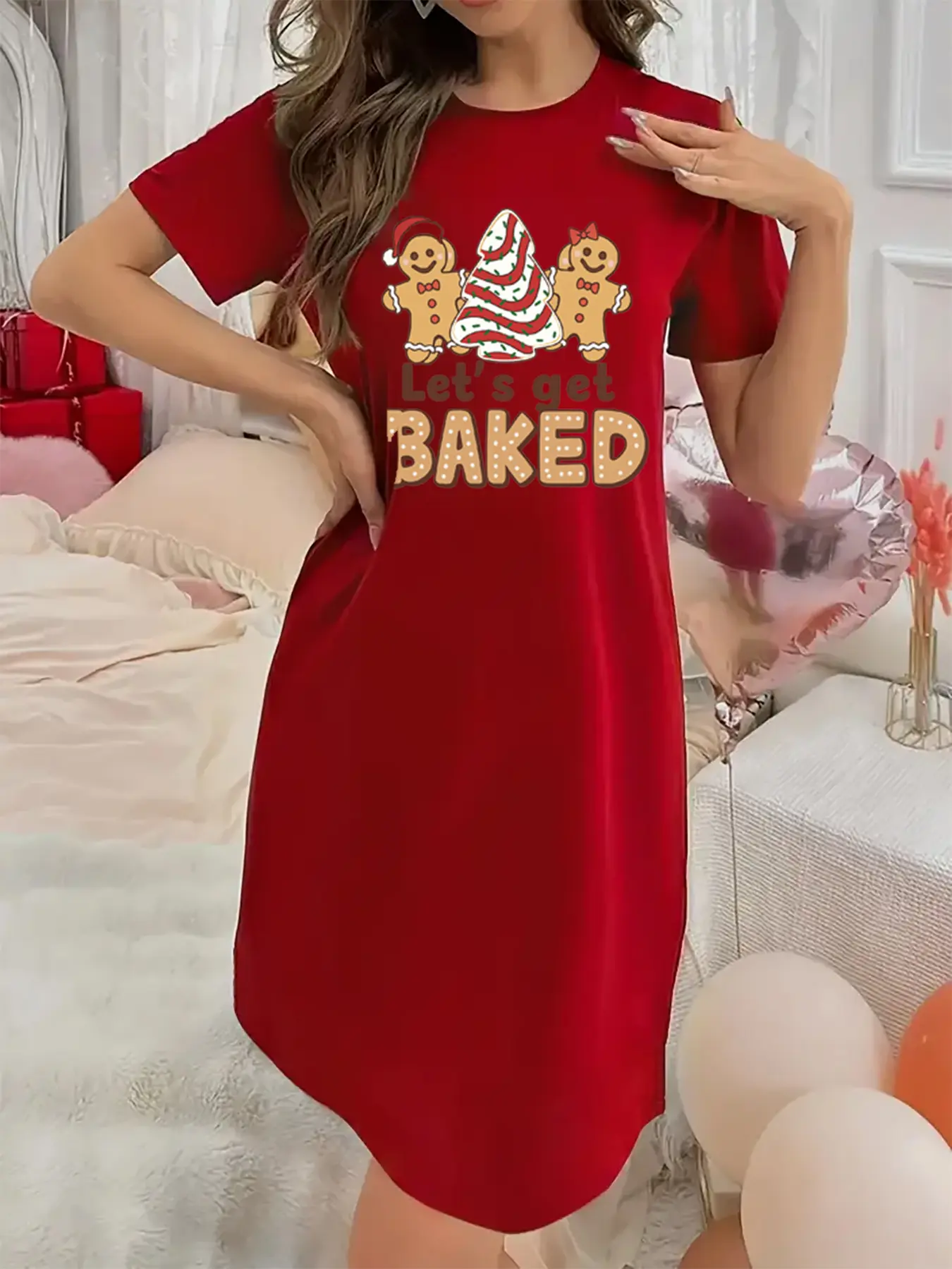 Soft Slightly Stretchy Women's Lingerie Christmas Tree Sugar Cookie Printed Short Sleeve Round Neck Nightgown Sexy Elegant Young Ladies Christmas Dresses Perfect for Halloween, Christmas and Thanksgiving!