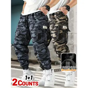 Men's 2-Piece Camouflage Print Casual Outdoor Trousers, Loose-Fitting, Thin Breathable Fabric, Adjustable Drawstring Waist, Flap Pockets, for Daily Casual Wear & Outdoor Hiking, Casual Outdoor Trouser summervibes