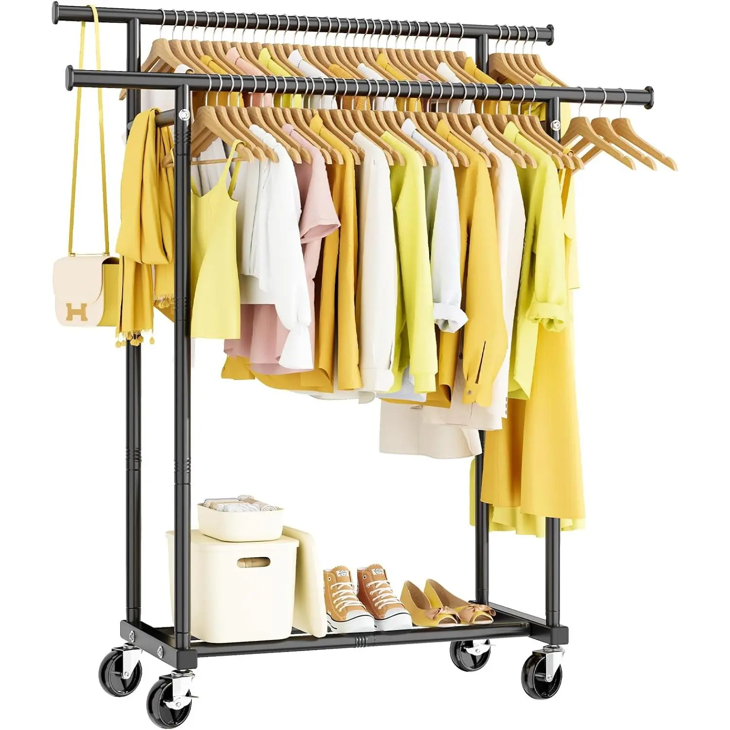 Two-rod Clothes Hanger, Rolling Portable Wardrobe Rack for Hanging Clothes, Sturdy Metal Hanger Suitable for Bedroom, Laundry Room, and Living Room, Black