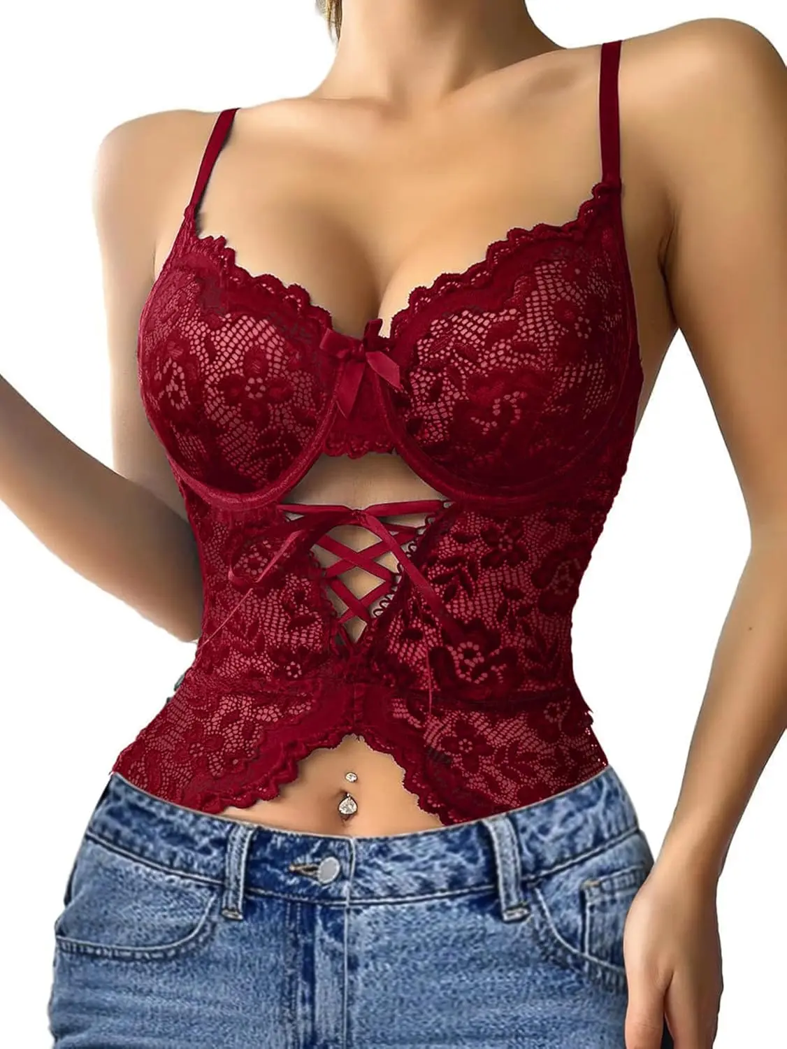 Women's Lace Teddy Bodysuit with Garter Straps – Floral Lace Babydoll Lingerie, Adjustable Straps, Soft Stretch Sleepwear Everyday Womenswear