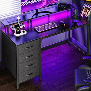 Computer Desk with Power Outlets and LED Lights, Gaming Desk with 4 Drawers, Office Desk with Monitor Stand, Study Work Home Office, Small Spaces, Black
