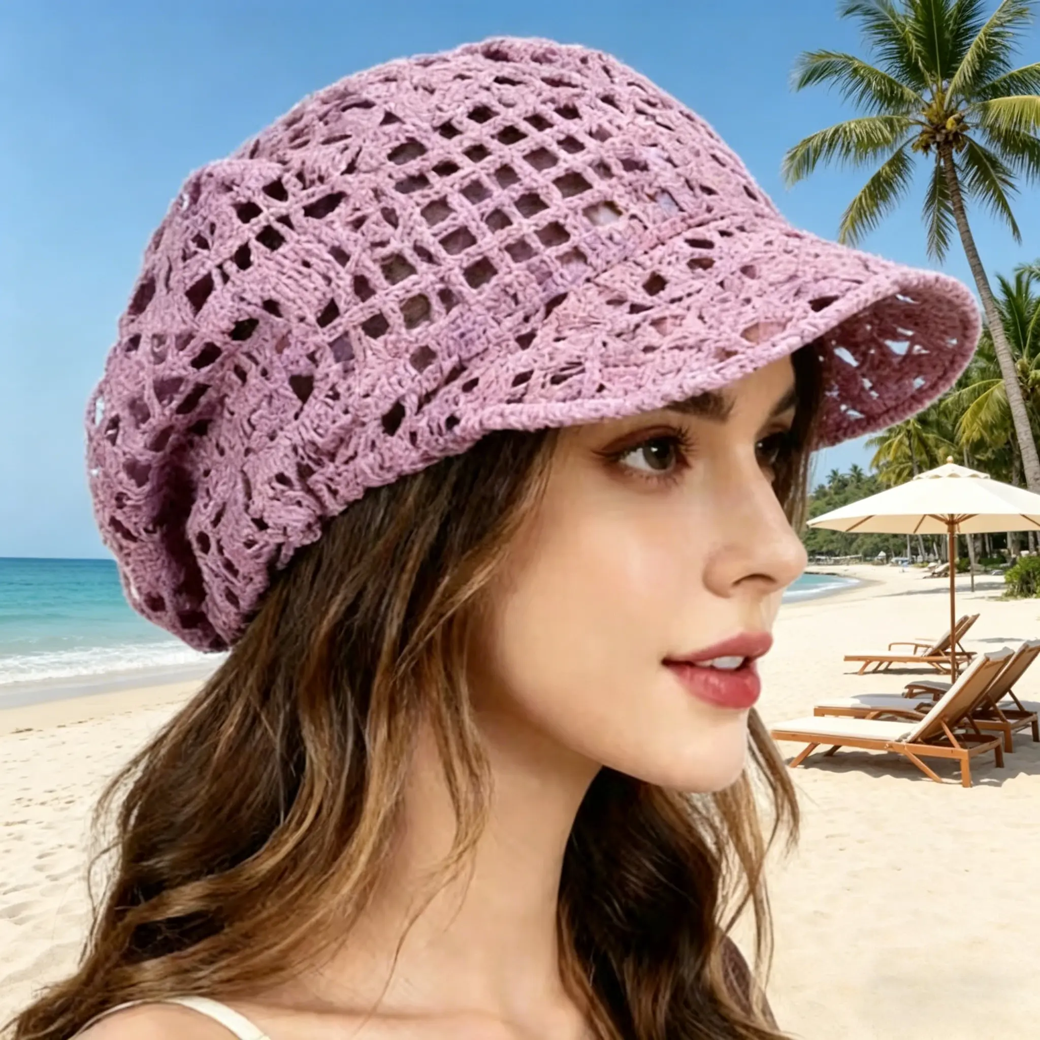 European and American Style Women's Spring/Summer Hollowed-Out Crochet Baseball Cap Ethnic Beanie Breathable Mesh Slouch Cap Short-Brimmed Comfortable Accessory for Casual Outings