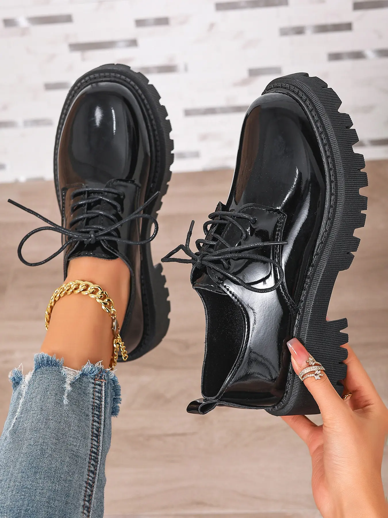 Women's Thick Sole Loafers, Lace-Up Walking Shoes, Spring Fall Casual PU Leather Shoes, Solid Color, Below Ankle Height, Daily Commute