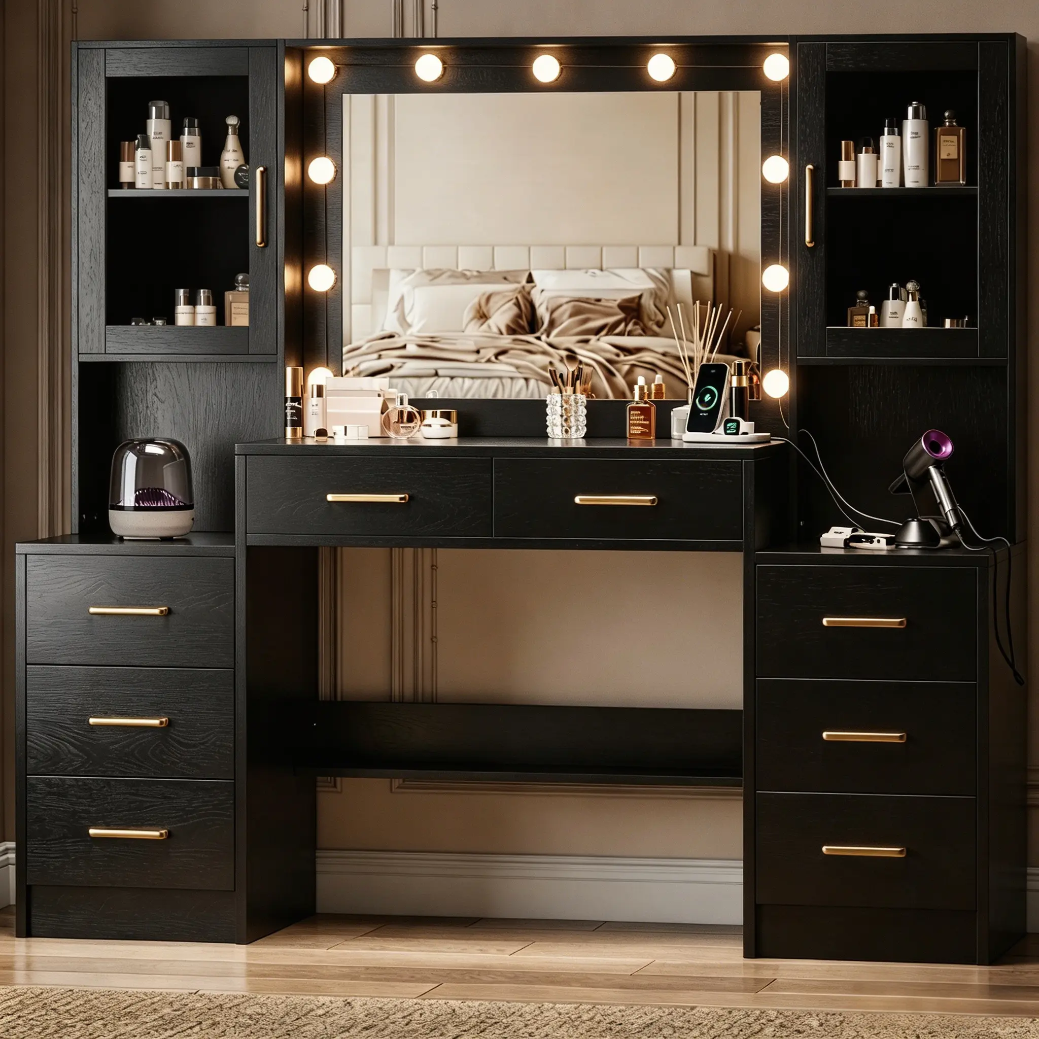 58.3" Vanity Desk with Mirror, Replaceable Lights & Charging Station, Bedroom Dressing Table, Large Vanity Set, 8 Drawers and 2 Cabinets, Makeup Vanity Table with Charging Station, Without Stool, White/Black/Pink