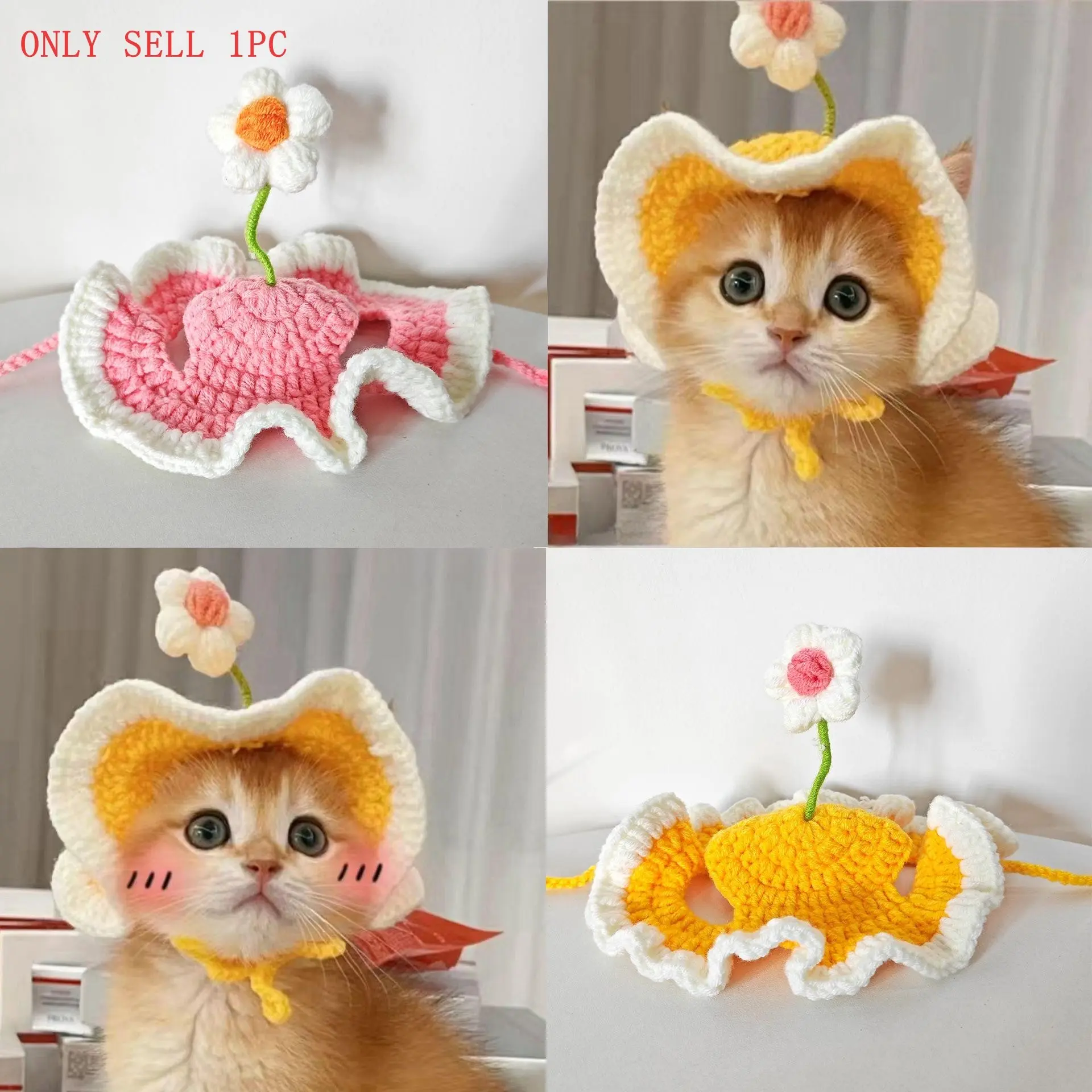 Handmade Knitted Pet Cat Dog Headband Hat Flower, Cute Photo Prop Accessory, Cosplay Costume Headwear for Pets, Adorable Animal Accessories, Homemade