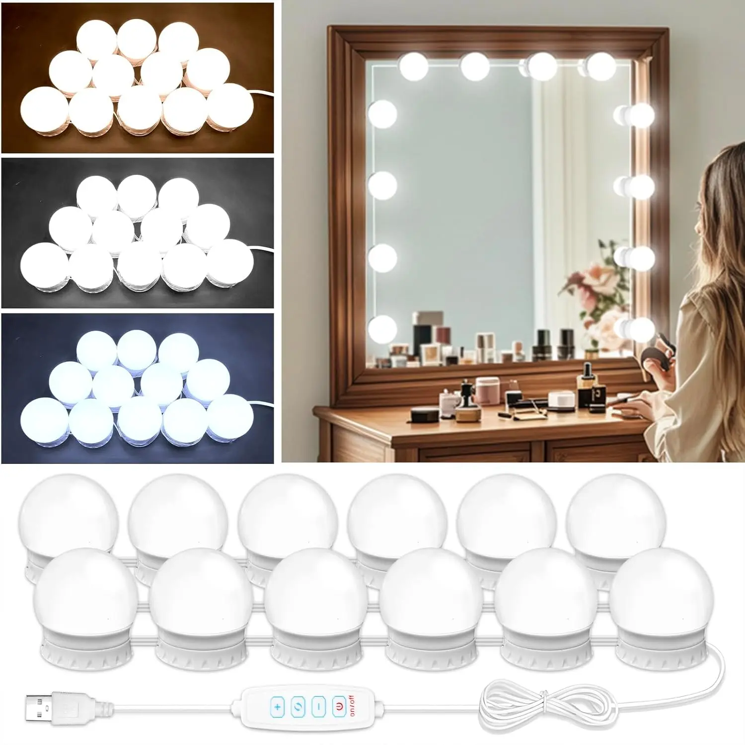 Consciot Hollywood-Style LED Lighting Mirror, 12 Dimmable Bulbs, Adjustable Color & Brightness, USB Cable Stick-On LED Mood Light for Makeup Table, Dressing Room