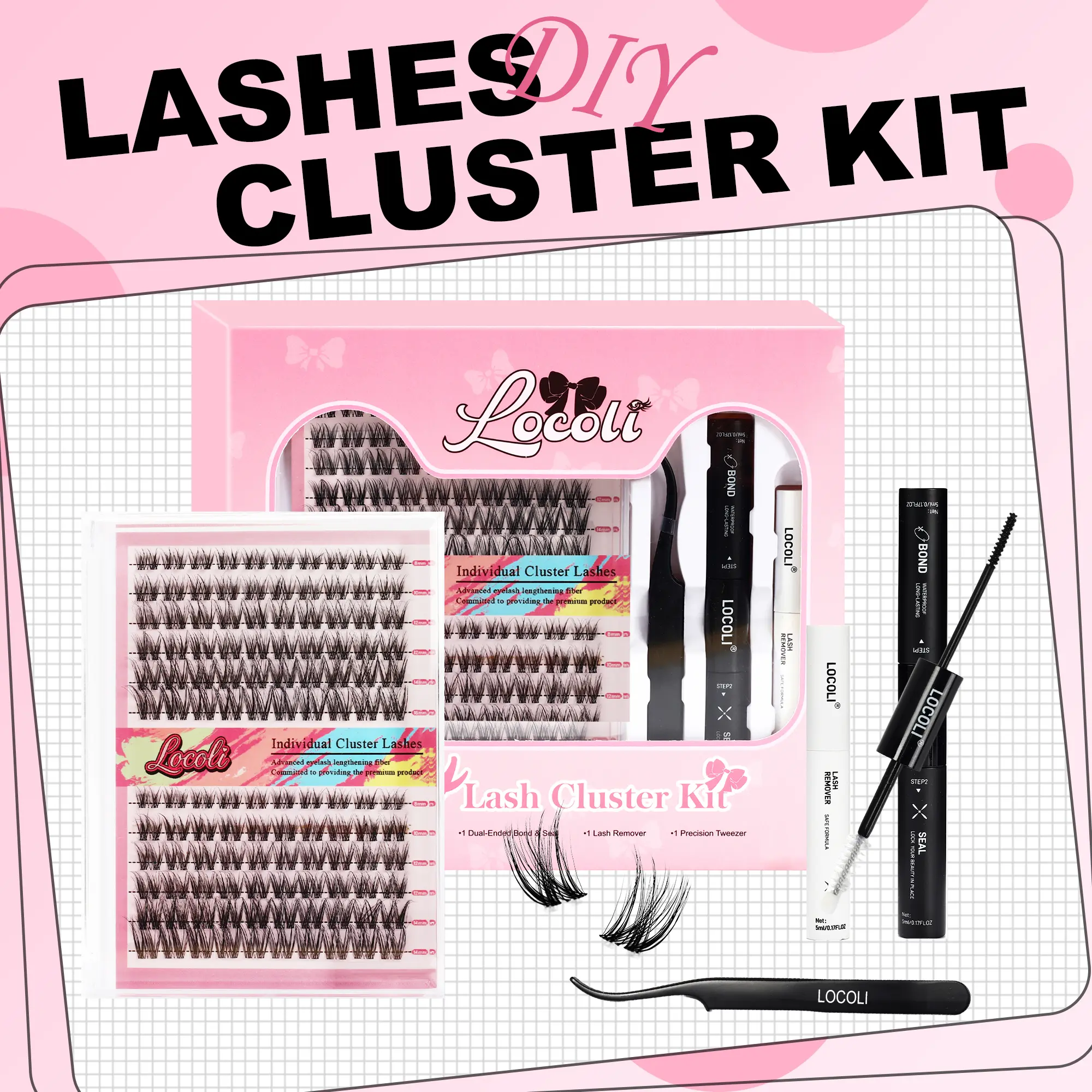 LOCOLI DIY Lash Cluster Kit - Invisible Soft Band, Waterproof Glue, Gentle Remover, Cosmetic Makeup Eyelash Extensions for Beginners, Long-Lasting Pure Clean Salon Look at Home, Eyelashes Extensions, Lash Cluster Kits, All-In-One