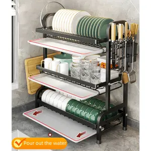 CookSide Large Kitchen Three-Tier Storage Rack, Quick Drain Multi-Tier Organizer with Knife Fork Holder, Cutting Board Stand, Wet-Free Countertop Utensils Chopping Cutlery