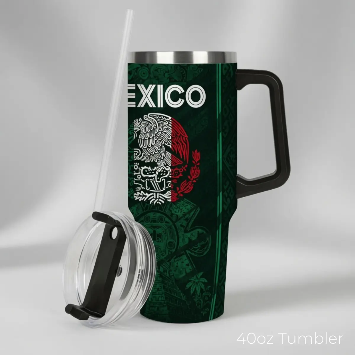 Sturdy Portable Engraved Plastic Drink Tumbler - 2026 Mexico Soccer Insulated Stainless Steel Travel Mug With Handle & Straw, Chichén Itzá Pyramid Graphic, Mexican Flag Design, Soccer Fan, Father's Day Gift, Vacuum Cup, Double Wall
