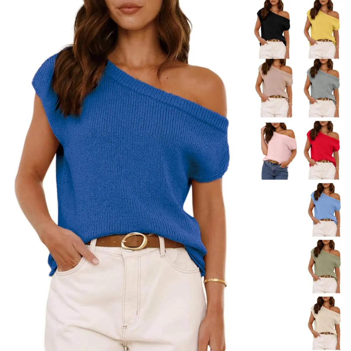 JovenPara Women's Off-Shoulder Short-Sleeve Loose Nylon Knitting Sweater Top - 50%Viscose,27%Nylon,23%PBT,Casual Summer Going-Out Basic Pullover,Cold Wash,Match As You Like,Off Shoulder Tops