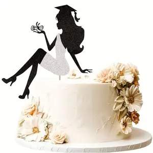 Shiny Graduation Cake Decoration, Elegant High Heel Girl Silhouette, Cap Design, Bamboo Party Decor, Perfect for Celebration Events, Flowers