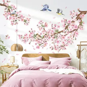 Cherry Blossom Branch Wall Sticker, Floral Bird Design, Ideal for Bedroom Living Room Sofa TV Background Decor, Universal Use