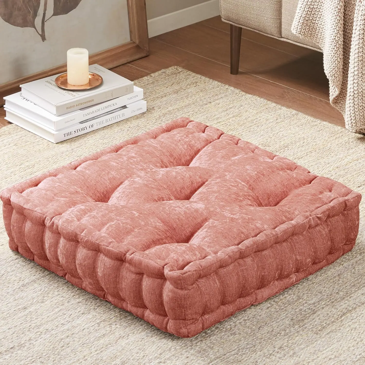 Intelligent Design Azza Large Square Lumbar Pillow - Soft Padded Large Size Cushion, Lustrous Chenille Tufted with Scalloped Edges, Adult Meditation Floor/Bench/Chair Cushion, 20"x20"x5", Soft Padded Cushion, Large Size Cushions