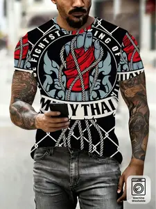 Muay Thai Theme 3D Print Short Sleeve T-Shirt, Men's Fitness Sport Casual Top, Trendy Workout Wear for Gym Enthusiasts