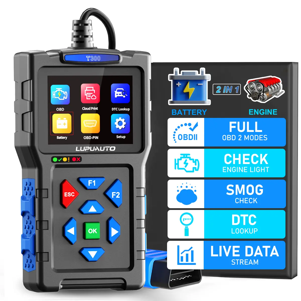 LupuAuto T300 OBD2 Scanner Automotive Scan Tool - Car Diagnostic Tool, Fault Code Reader, Car Voltage Tester, Real-Time Data Monitor, Portable Jump Starter, LED Lights