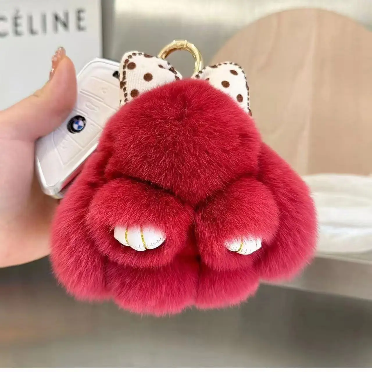 Plush Rabbit Keychain Bag Charm, Cute Pastel Animal Key Ring with Buckle for Women, Soft Fluffy Accessory for Anniversary Gift, Birthday, Cartoon Animal Charm, Adults, All Seasons, Split Ring, Suede, Soft Plush