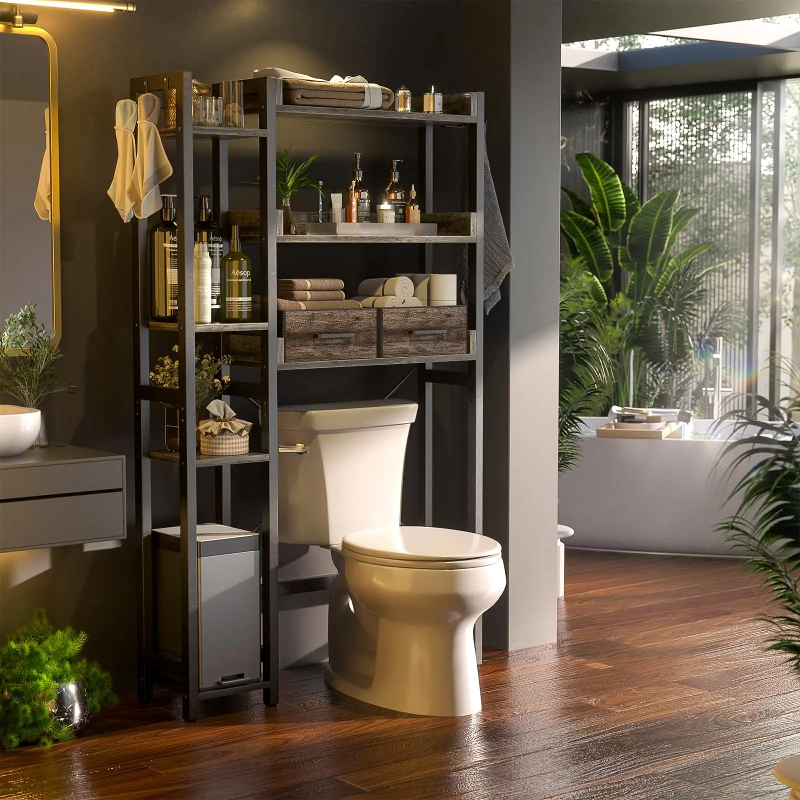 7-Tier Over The Toilet Storage Cabinet - Adjustable Shelves, Reversible Side Shelf, 2 Fabric Drawers, MDF Wood Metal Industrial Look Space Saver with Easy Setup for Small Spaces