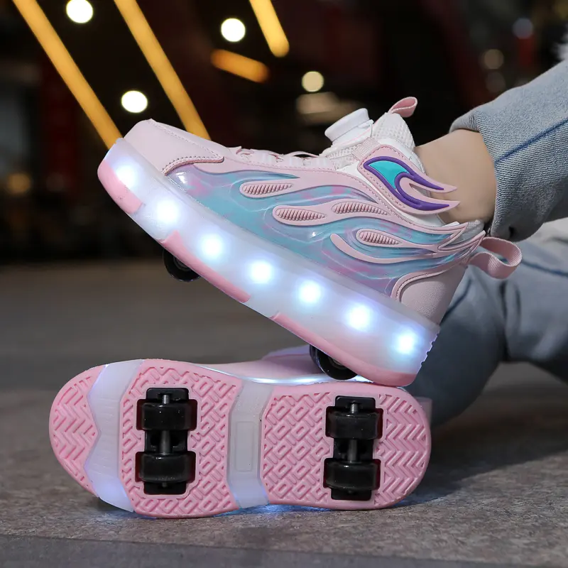 Roller Skates for Girls, Casual High Top PU Leather Shoes with Flashing LED Lights, Wing Design, Detachable Wheels & Adjustable Buckle for Indoor Use, Female, Slip On