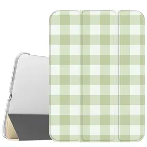 Green Plaid Slim Stand Tablet Case with Soft Translucent Frosted Back, Pencil Holder, Magnetic Casing, Full Protection - Accessories for iPad A16 2025, Air 6, Mini 6, Samsung Galaxy Tab S9