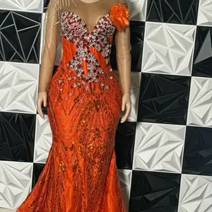 Woman's Lace Party Dress - Orange Mermaid Style with Rhinestones and Floral Detailing for Festival and Special Occasions - Womenswear