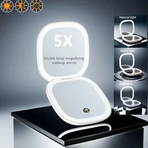 5x Magnifying Double-Sided Lighted Makeup Mirror with LED Lights, Portable Folding Design with Tweezers and Type-C Charging, Perfect for Travel and Daily Touch-Ups, Travel Hand Mirror, Rechargeable Mirror