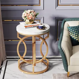 212 MAIN 20 in. Modern Round Faux Marble Accent Side Table - Gold O-Shaped Sturdy Frame, White & Gold Finish, Quick Setup, Versatile for Bedroom (Modern Center Table)