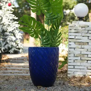 ARCH Handmade Ceramic Planter Pot, 17 Inch Diameter, 1 Piece, Navy Blue with Diamond Pattern, for Monstera Deliciosa and Fiddle Leaf Fig, Indoor/Outdoor Doorway Use, Breathable Clay
