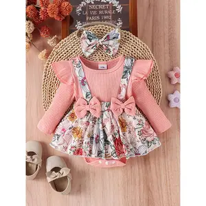Spring/Autumn Infant Floral Print Long-Sleeve Romper Dress for Baby Girls with Flutter Sleeves + Headband Children's Clothing, Perfect for Outdoor