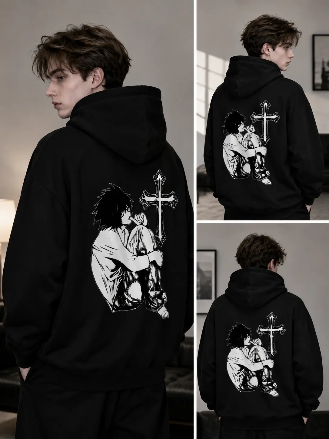 Myron Vintage Anime Print Fleece Hoodie, Heavyweight Retro Manga Graphic Pullover, Unisex Streetwear Couple Outfit, Casual Long Sleeve Top for Men Women