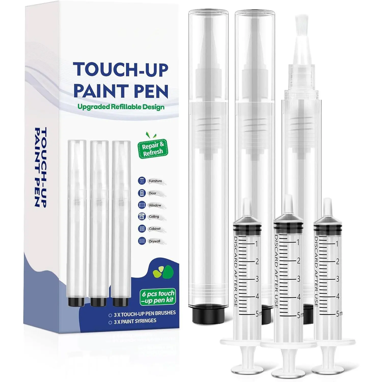 Fillable Touch Up  Pen Brush, 3 count  Pen for Wall Touch Up, Refillable  Pens for Walls,  Floors, Cabinets, Windows, Doors (6 Pcs(Pack of 1))