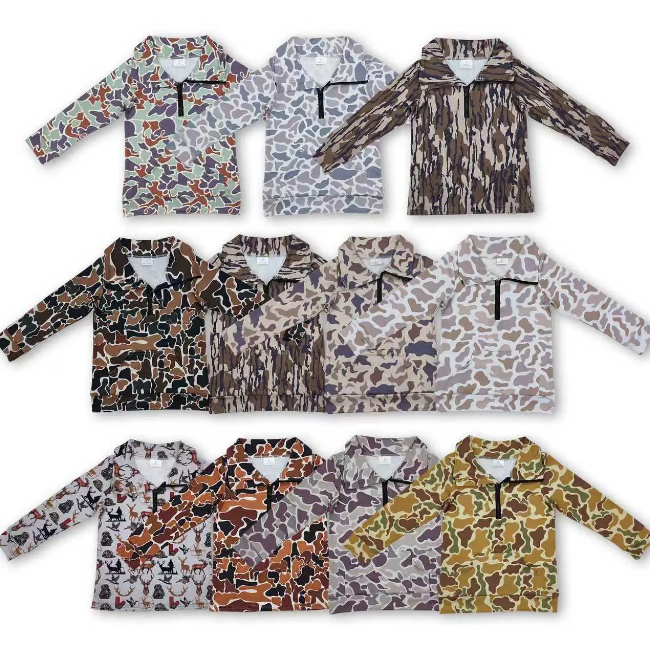 Boys Camo Printed Half-Zip Pollover Hunting Shirt, Winter Kids Clothing Boys, Outdoor Camouflage Top for Casual & Hunting Use, Camo Printed Shirt, Camouflage Shirts