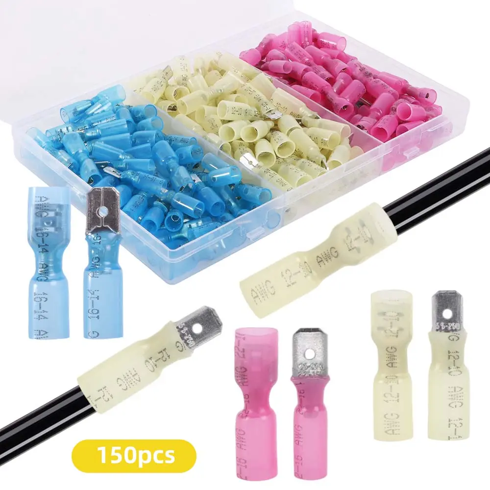 150 Pcs Heat Shrink Electrical Wire Connectors Kit,22-10 AWG Male and Female Spade Quick Disconnect Terminals Assortment,Premium Polyolefin Wire Crimp Terminals Box,Fathersdaygift,Tools & Hardware