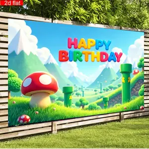 2D 1pc Mario World Birthday Banner, Colorful Happy Birthday Backdrop, Mushrooms & Game Landscape, Video Game Party Supplies, Photo Backdrops, Photo Booth Background
