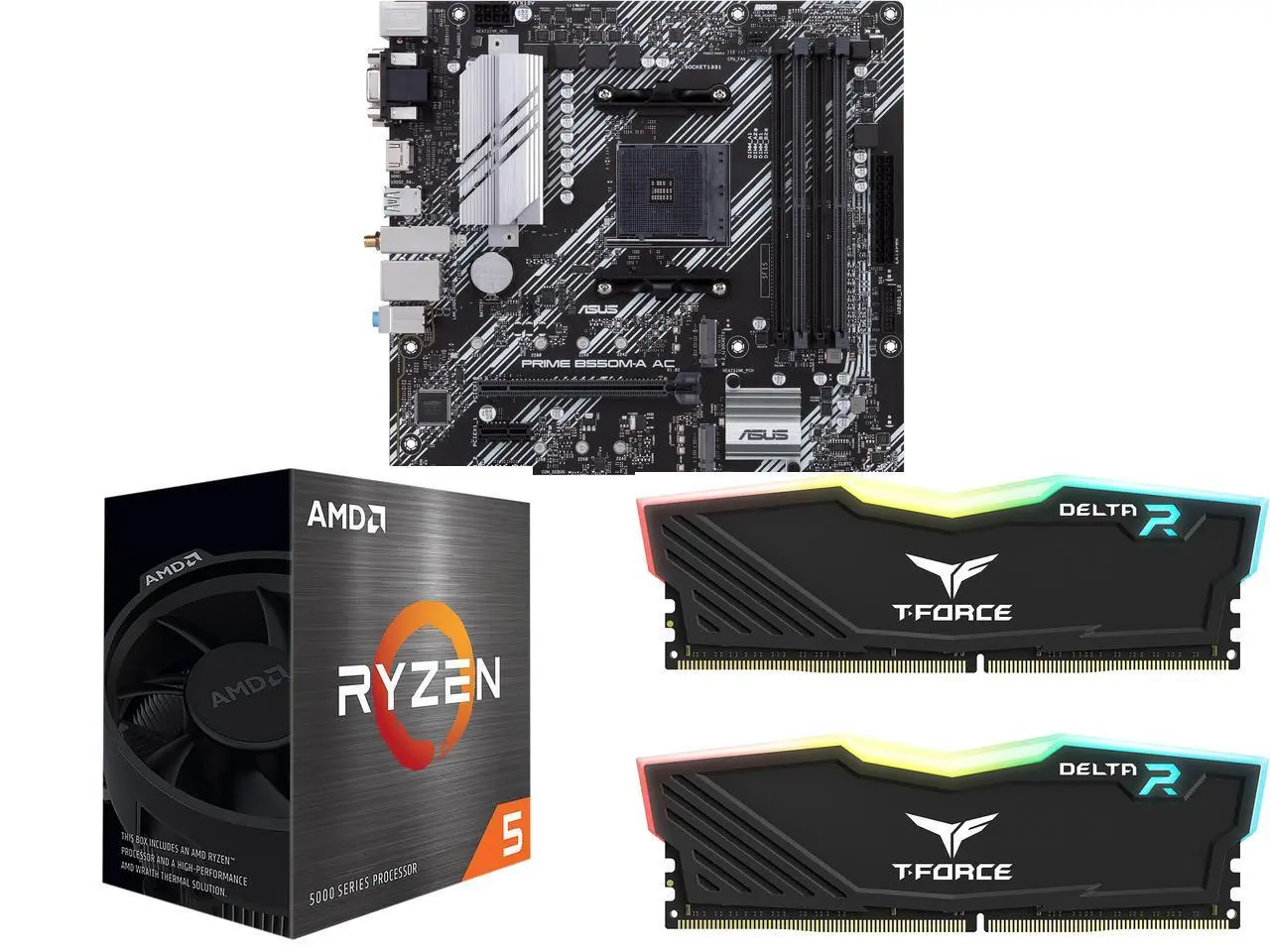 ASUS PRIME B550M-A AC mATX motherboard: PCIe 4.0, dual M.2, WiFi, HDMI, D-Sub, DVI, SATA 6Gbps, USB 3.2 Gen 2, Aura Sync RGB. AMD Ryzen 5 5500 6-Core 3.6GHz CPU. Team T-Force Delta RGB 16GB (2x8GB) DDR4 3200 RAM.