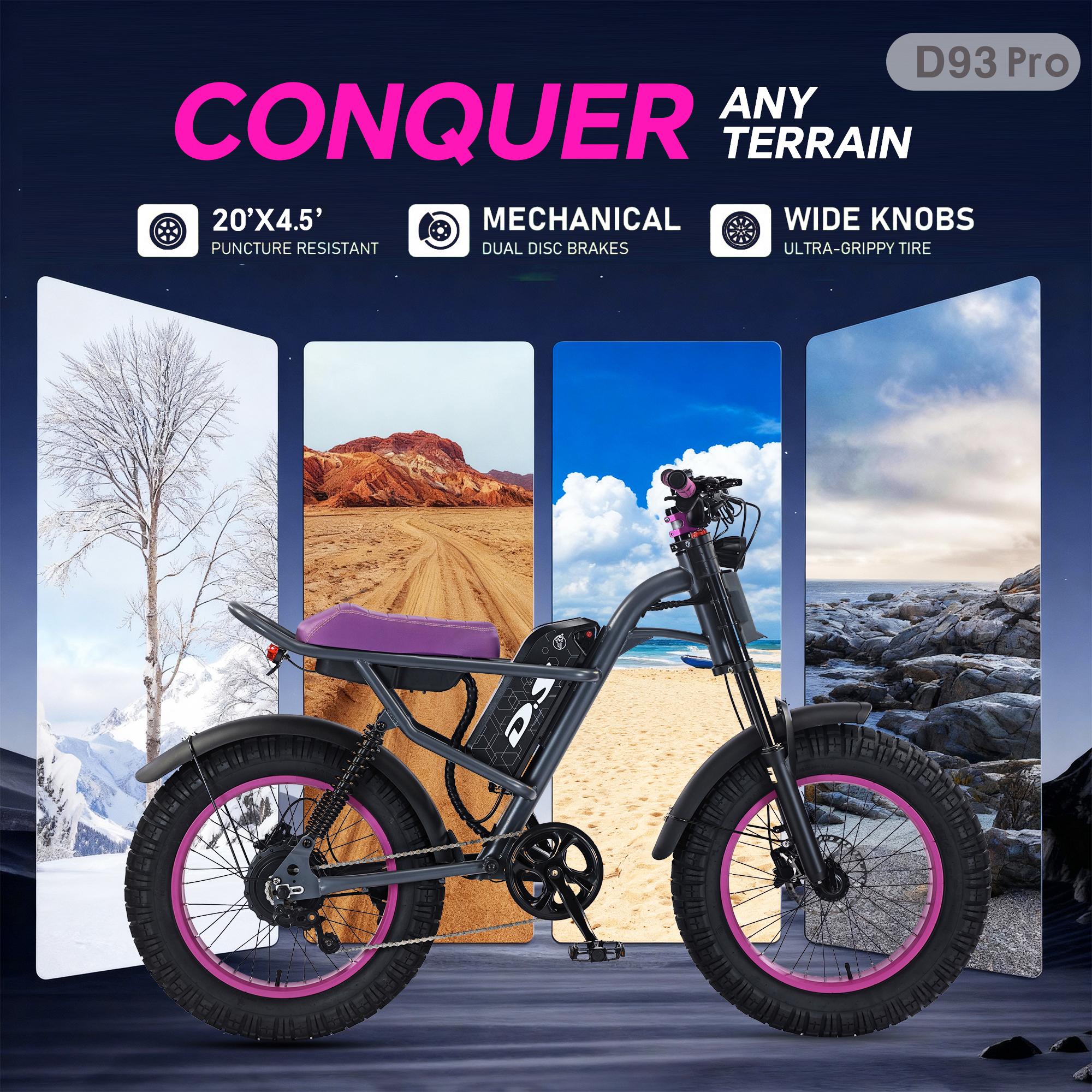 Upgraded electric bicycle maximum speed of 35~40 MPH  adopts a high carbon steel frame, hydraulic shock absorption, full suspension system, 48V 20.8AH 1500W motor, riding assistance range of 40-70 miles, 20 * 4.5-inch all terrain tires, snow tires