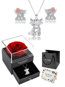 Highland Cow Jewelry Set - Cute Highland Cow Pendant Necklaces with Floral Earrings Rose Accent Earrings, Matching Jewelry Set, Comes with a rose gift box - a commemorative birthday gift for pet lovers and girlfriends