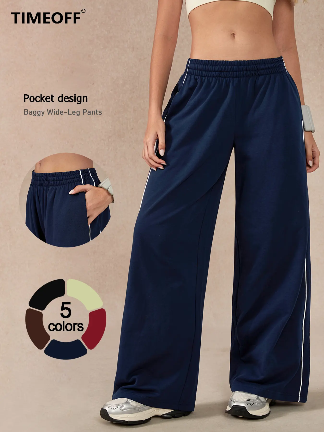 TIMEOFF Women's Loose Wide-Leg Track Pants with Side Trim, Casual Gym Bottoms with an Adjustable Elastic Waist and Pockets for Lounging, Women's Clothes, Oversized, Style, Baggy Pants, Relaxed Fit Flatters With Ease, Comfortable Stretch Pants