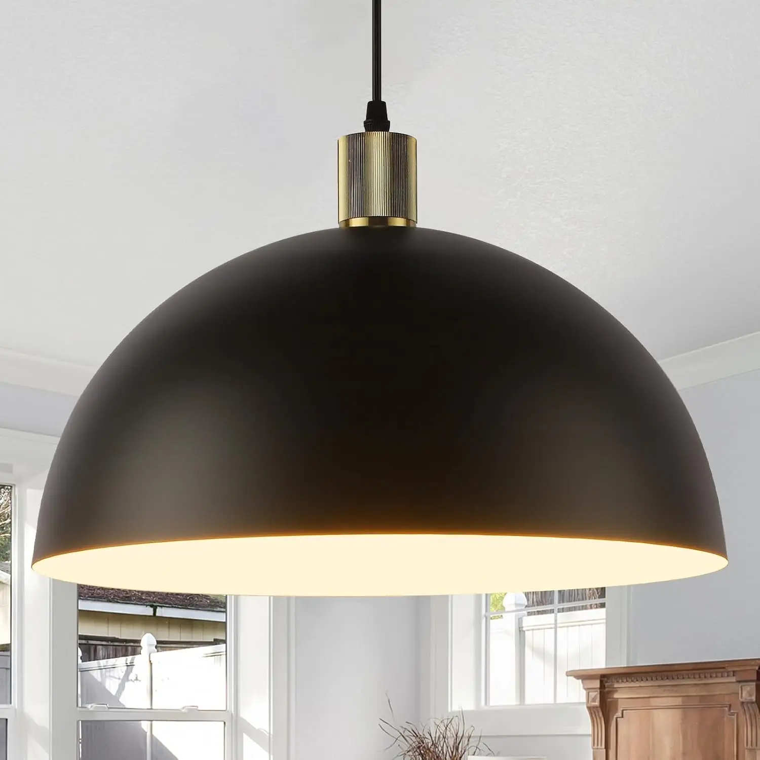 Black Dome Pendant Light Fixture - 15.7" Large Wire-Hung Bell-Shaped Bulbous Classical Decorative Farmhouse Vintage Hanging Lighting for Kitchen Island, Dining Room, Wire-Hung Pendant Lights, Bell-Shaped Pendant Lights