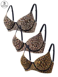 3-Piece Seamless Leopard Print Bra, Adjustable Straps, Underwire for Comfortable Fit & Stunning Back, Unlined Bras