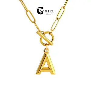 GGIRL OT Buckle English Letter Necklace 18K Gold Plated Three Dimensional Pendant for Men Women Elegant Modern Fashion Jewelry Gift for Holiday Haul Christmas Birthdays Anniversaries Versatile Design