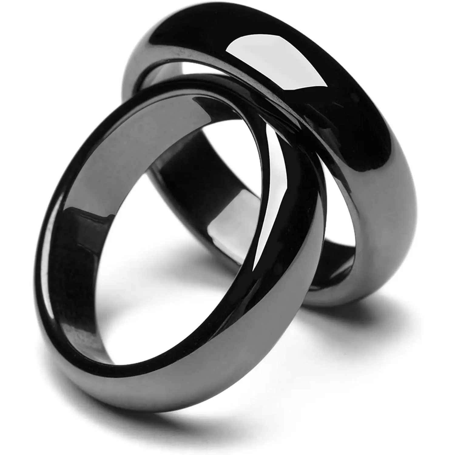 Polished Hematite Stone Rings, 2-Pack 6mm Modern Unisex Bands - Anti Anxiety Jewelry for Balance, Root Chakra and Energy Absorb, Beautiful Rings, Round