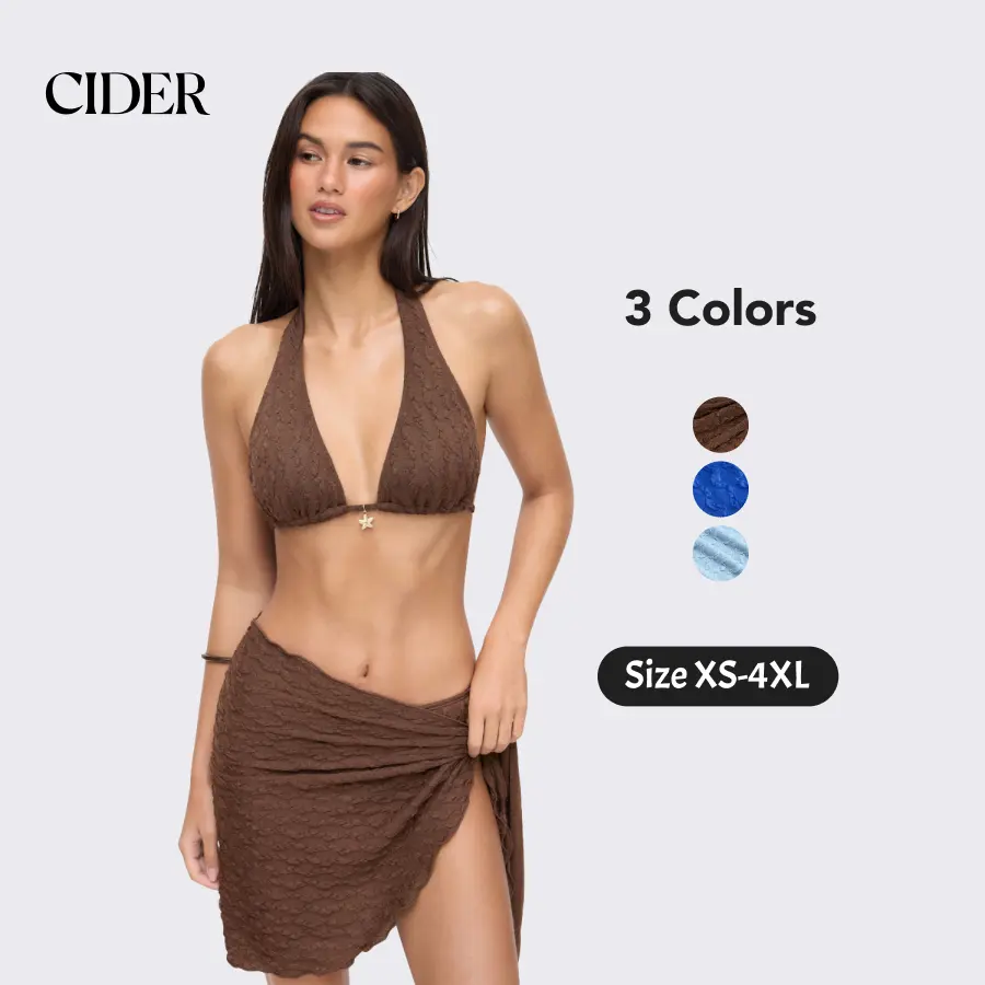 Cider  3-Piece Halter Neckline Lace Triangle Bikini Top & Cheeky Bottom With Sarong Bikini Set